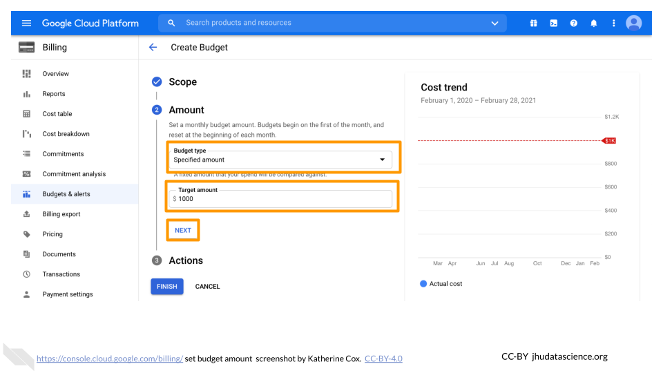 Screenshot of the form for setting budget amount for a Google Cloud Billing Account. The drop-down menu labeled "Budget type" is highlighted and "Specified amount" is selected. Also highlighted are the text box labeled "Target amount" and the "Next" button. Screenshot of the form for setting budget amount for a Google Cloud Billing Account. The drop-down menu labeled "Budget type" is highlighted and "Specified amount" is selected. Also highlighted are the text box labeled "Target amount" and the "Next" button.