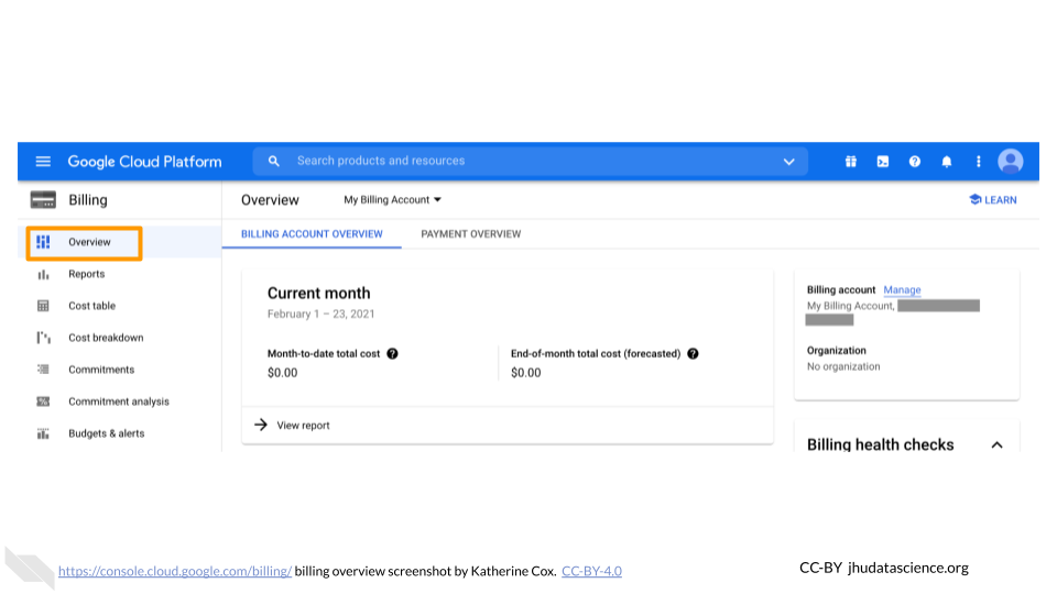 Screenshot of a Google Cloud Billing Account Overview. Screenshot of a Google Cloud Billing Account Overview.