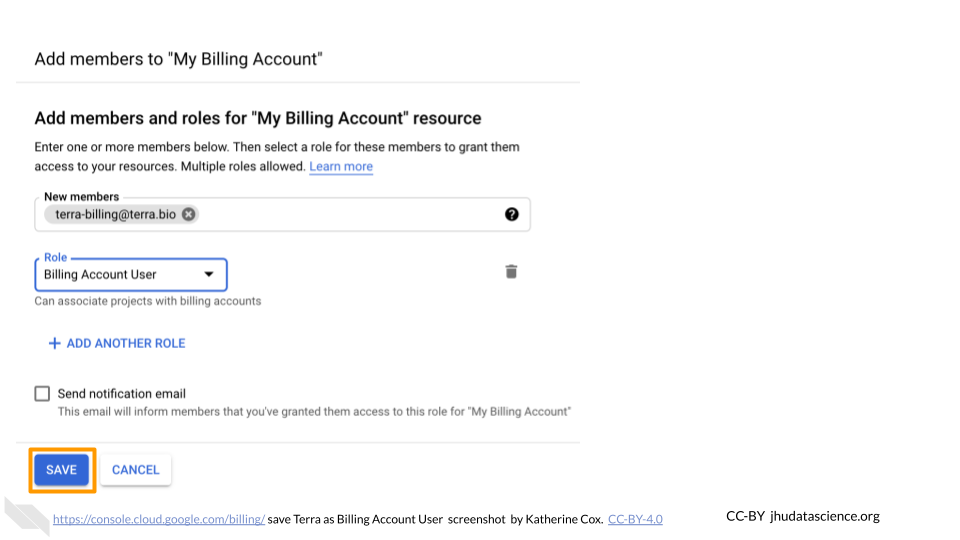 Screenshot of the dialogue box for adding a member to a Google Cloud Billing Accounts. The Save button is highlighted. Screenshot of the dialogue box for adding a member to a Google Cloud Billing Accounts. The Save button is highlighted.