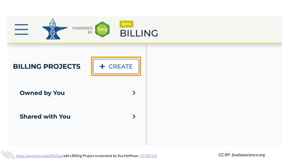 Screenshot of the Terra Billing Page. The "plus" button next to "Billing Projects" is highlighted. Screenshot of the Terra Billing Page. The "plus" button next to "Billing Projects" is highlighted.