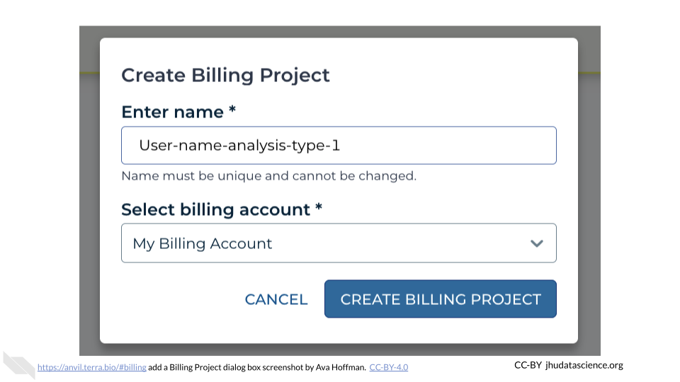 Screenshot of the Terra Add Billing Project dialog box. Screenshot of the Terra Add Billing Project dialog box.