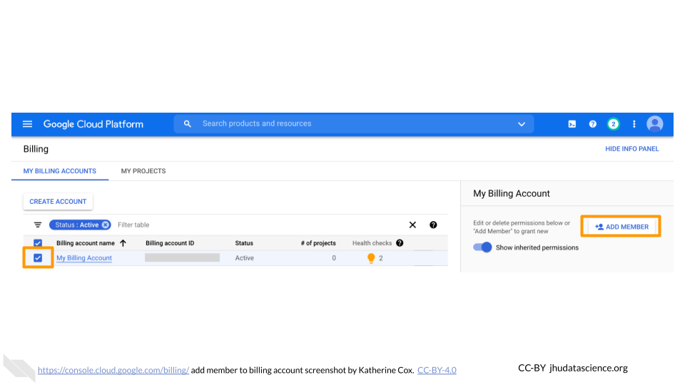 Screenshot of Google Cloud Billing Accounts Overview. The checkbox next to the name of a Billing Account is checked and highlighted, and the "Add Member" button is highlighted. Screenshot of Google Cloud Billing Accounts Overview. The checkbox next to the name of a Billing Account is checked and highlighted, and the "Add Member" button is highlighted.