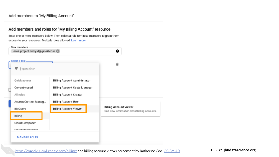 Screenshot of the dialogue box for adding a member to a Google Cloud Billing Accounts. In the drop-down menu labeled "Select a Role", the item "Billing" and the submenu item "Billing Account Viewer" are highlighted. Screenshot of the dialogue box for adding a member to a Google Cloud Billing Accounts. In the drop-down menu labeled "Select a Role", the item "Billing" and the submenu item "Billing Account Viewer" are highlighted.