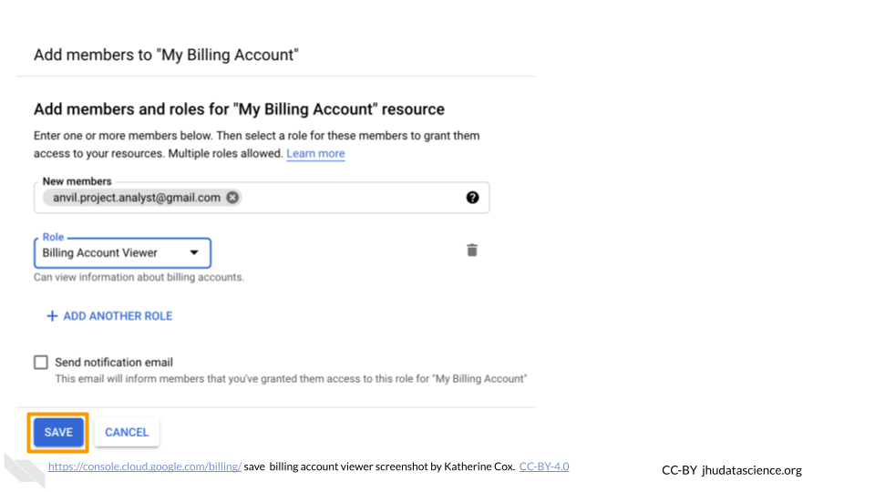 Screenshot of the dialogue box for adding a member to a Google Cloud Billing Accounts. The Save button is highlighted. Screenshot of the dialogue box for adding a member to a Google Cloud Billing Accounts. The Save button is highlighted.