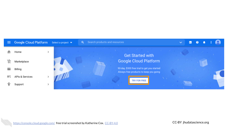 Screenshot of the Google Cloud Console with the "Try for Free" button highlighted. Screenshot of the Google Cloud Console with the "Try for Free" button highlighted.