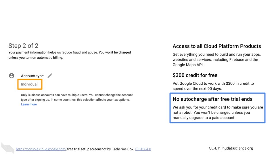 Screenshot of the Google Cloud Billing Account Setup, with "Individual Account" highlighted. Also highlighted is text stating "You won't be charged unless you manually upgrade to a paid account." Screenshot of the Google Cloud Billing Account Setup, with "Individual Account" highlighted. Also highlighted is text stating "You won't be charged unless you manually upgrade to a paid account."