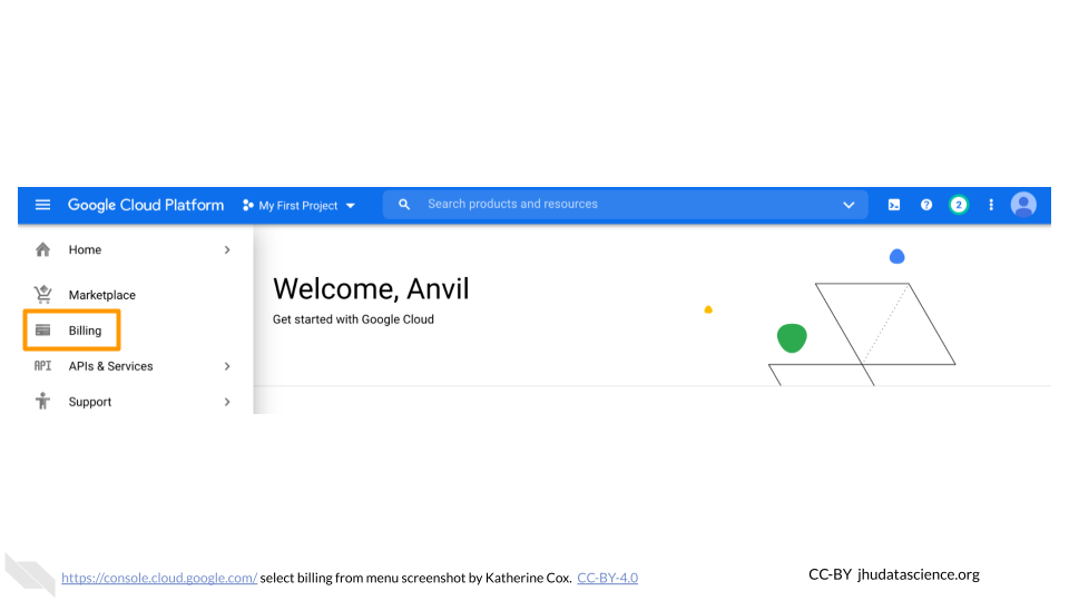 Screenshot of the Google Cloud Console dropdown menu, with "Billing" highlighted. Screenshot of the Google Cloud Console dropdown menu, with "Billing" highlighted.