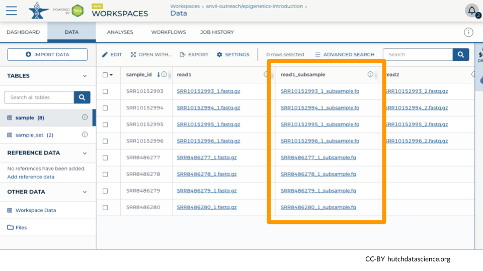 On the DATA tab of the workspace, a new column has been created called read1_subsample. There are 8 files corresponding to each original file.