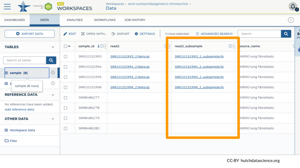 On the DATA tab of the workspace, a new column has been created called read2_subsample. There are 4 files corresponding to each original file that had paired-end reads.