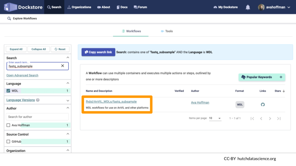 On Dockstore, fastq_subsample has been entered in the search box. There is one result, for a WDL workflow called fastq_subsample.