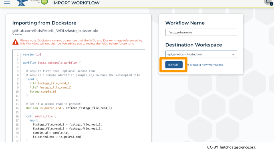 On an AnVIL themed page, the user has selected the epigenetics-introduction workspace and the IMPORT button is highlighted.