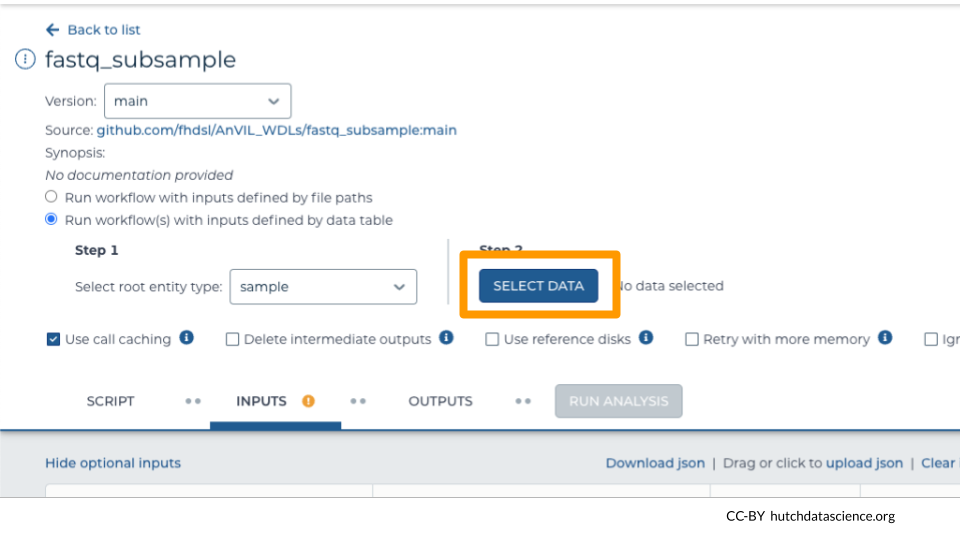 The workflow setup page on AnVIL has the option to SELECT DATA highlighted.