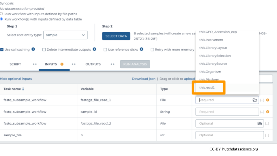 The workflow inputs tab shows 4 possible inputs. The first is called 'fastqgz_file_read_1' and should be of the type 'File'. The entry 'this.read' is highlighted from the Attribute dropdown menu.