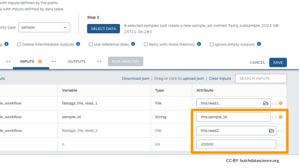 The remaining 3 workflow inputs have been populated with Attributes as follows: sample_id is this.sample_id; fastqgz_file_read_2 is this.read2; and n is 20000.