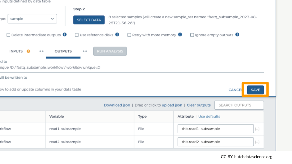 The SAVE button for workflow inputs and outputs is highlighted.