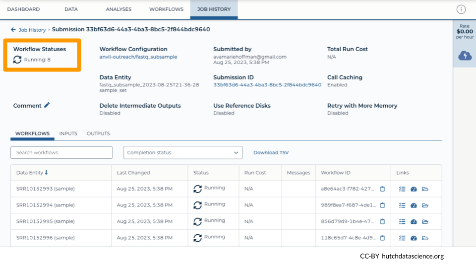 The page reflects submission IDs and time submitted. Several runs have launched for each sample. The workflow status is 'Running' for all 8 samples.