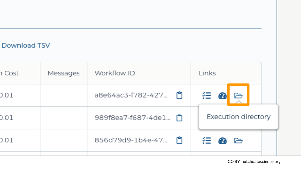 The folder icon indicating execution directory besides the workflow job for one sample is highlighted.