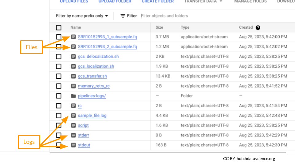 Files for the workflow on GCP are shown. There are two fastq files that were created as well as 3 log files that are relevant for debugging, including sample_file.log, stderr, and stdout.