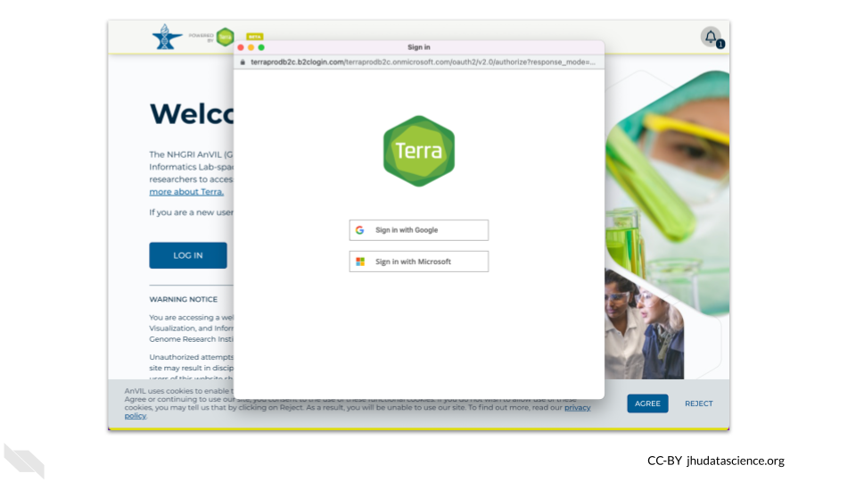 the first window when starting an account with AnVIL