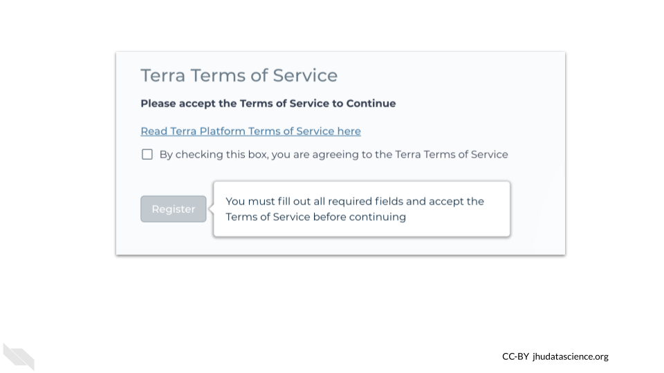 The inactive register button because the box has not been checked for agreement with the terms of service.