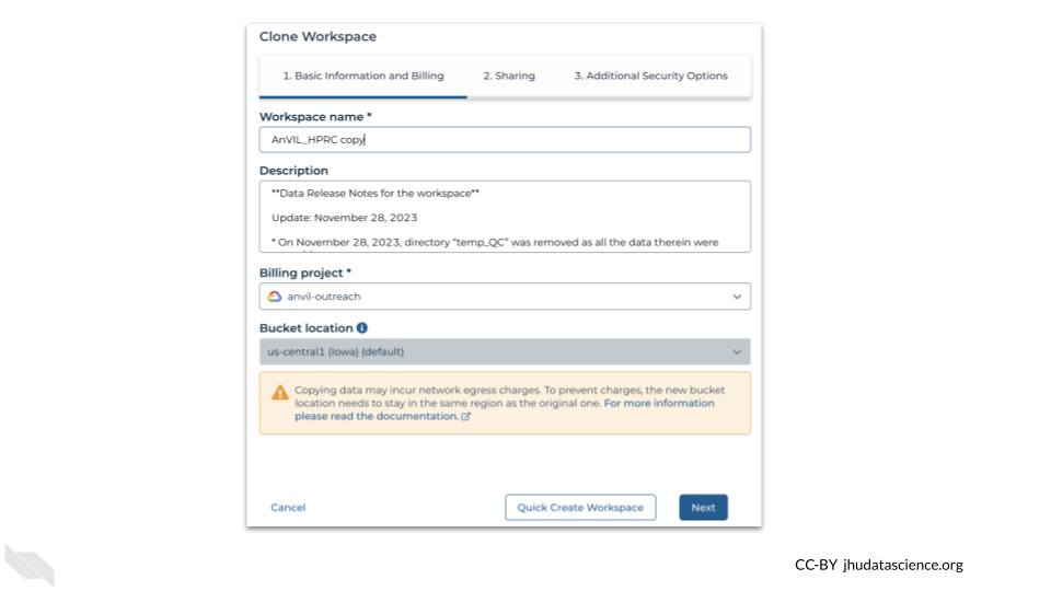 Window for cloning, fill out the appropriate billing project from your instructor