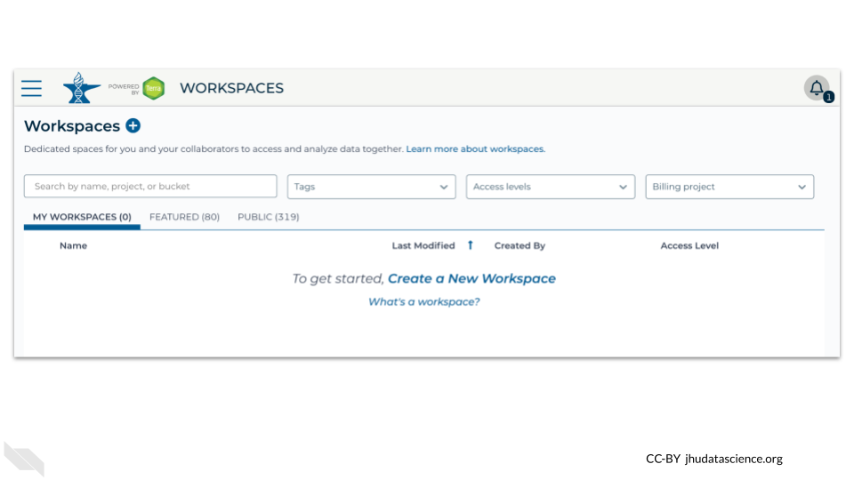 The workspaces window for AnVIL