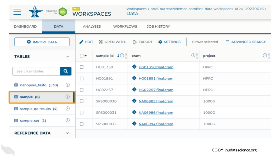 Screenshot of Terra Workspace with the "DATA" tab selected.  The "sample" Data Table is selected and highlighted, and the page shows a Data Table with 6 rows in it.