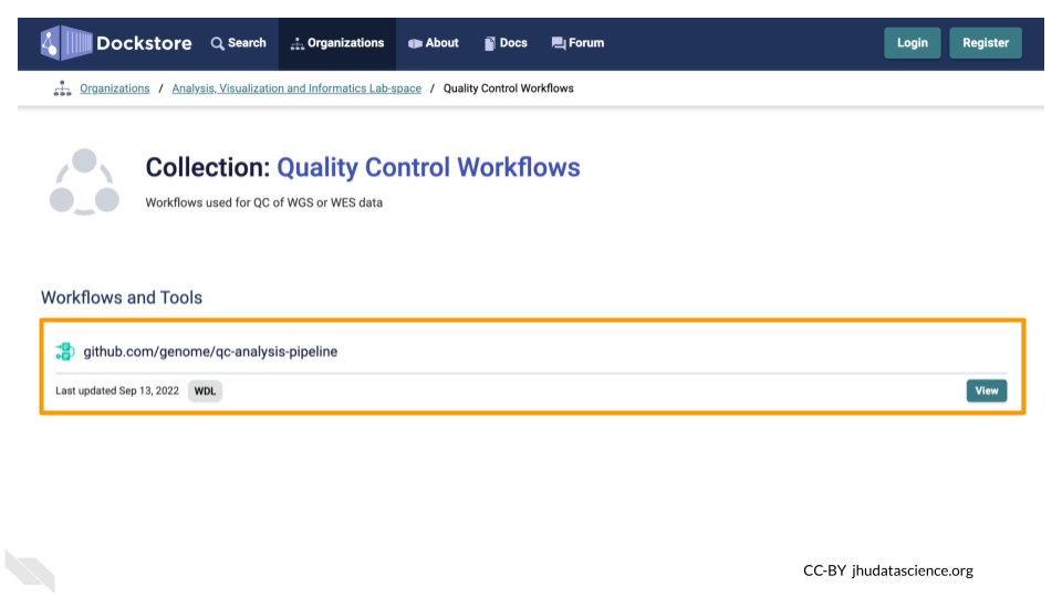 Screenshot of Dockstore page for the Quality Control Workflows collection from the AnVIL organization.  The card for the qc-analysis-pipeline Workflow is highlighted.