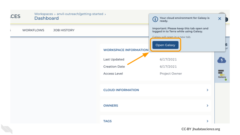 The Open Galaxy button is highlighted in the ready environment popup.