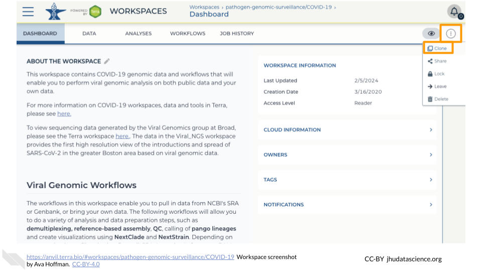 Screenshot of the Dashboard for the Workspace that we want to clone. The teardrop button has been clicked to bring up the options. The "Clone" option from the list is highlighted.