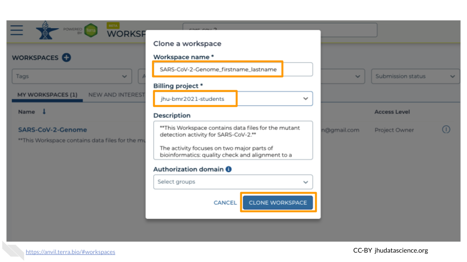 Screenshot showing the "clone a workspace" popout. The Workspace name, Billing Project, and Clone Workspace button have been filled in and highlighted.