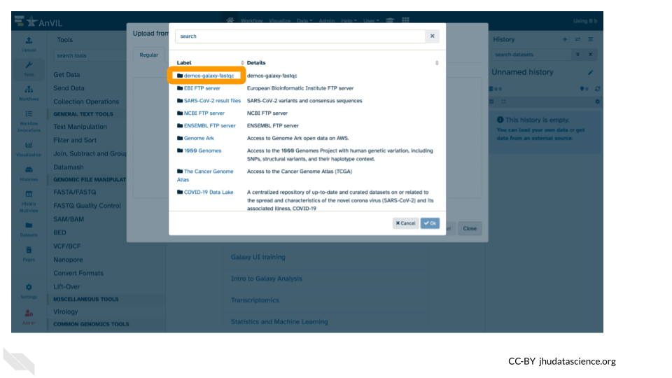 Screenshot of the Galaxy Data upload popup pane, highlighting the AnVIL workspace where your data is linked