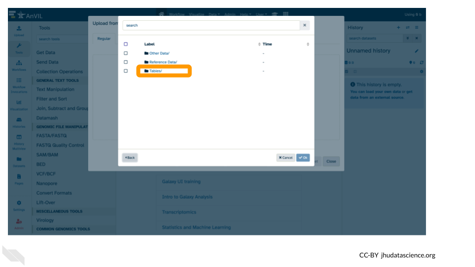 Screenshot of the Galaxy Data upload popup pane, highlighting the Tables/ folder where linked data will be in a cloned workspace