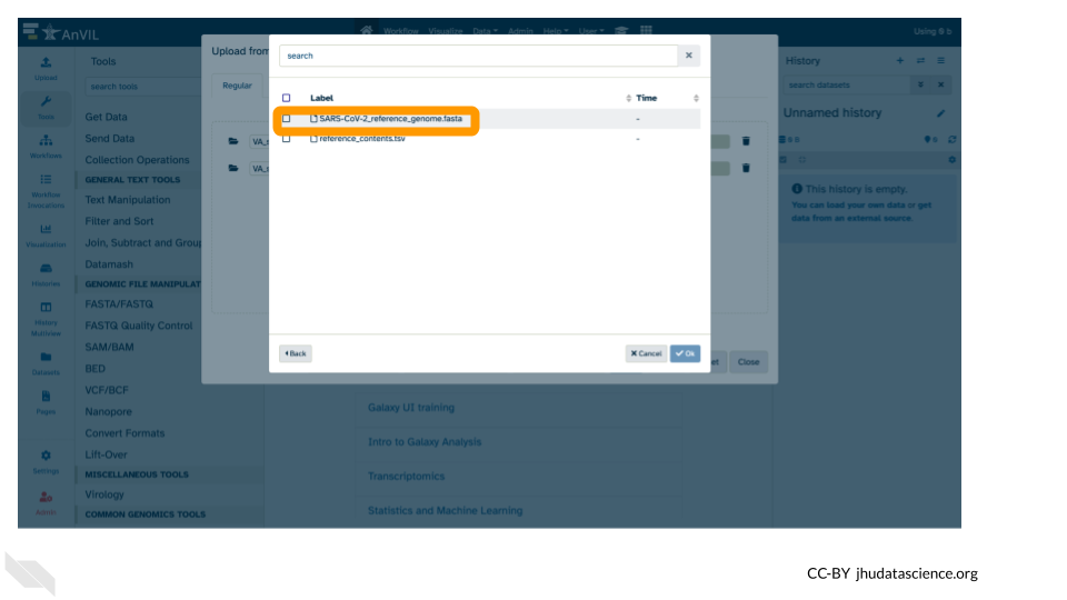 Screenshot of the Galaxy Data upload popup pane, highlighting the reference genome .fasta file