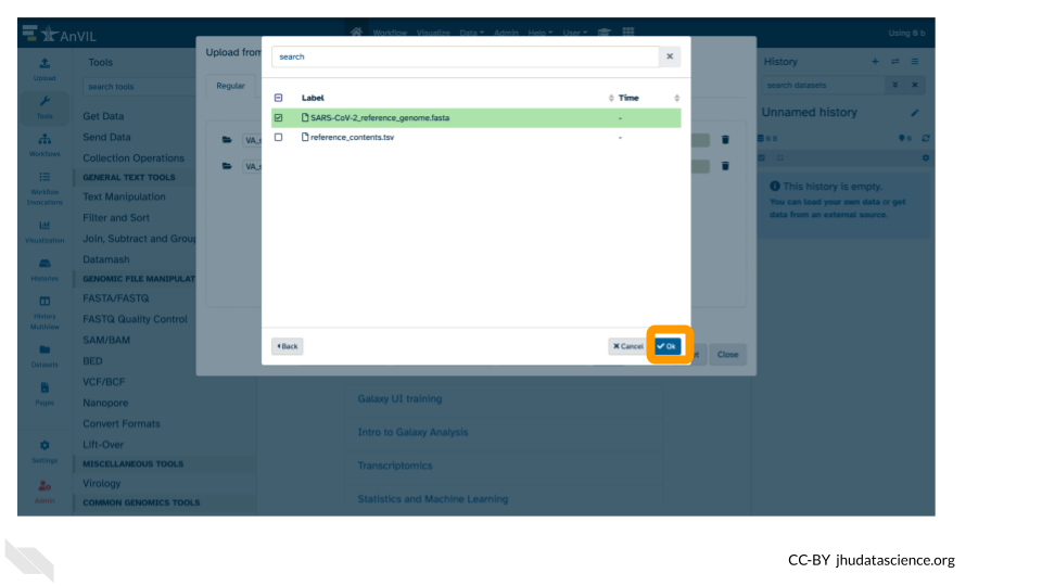 Screenshot of the Galaxy Data upload popup pane, highlighting the selected reference genome .fasta file and the Ok button.