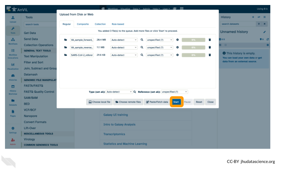 Screenshot of the Galaxy Data upload popup page. All three files are ready to be imported and the Start button is highlighted.