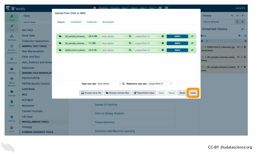 Screenshot of the Galaxy Data upload popup pane. All trhee files are highlighted green and the Close button is highlighted.