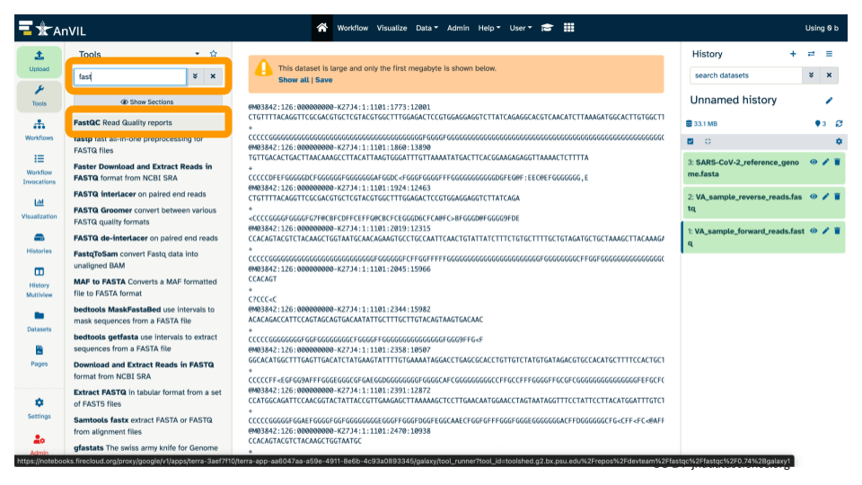 Highlighting searching part of hte FastQC tool's name in the search bar and then selecting FastQC from the list below.