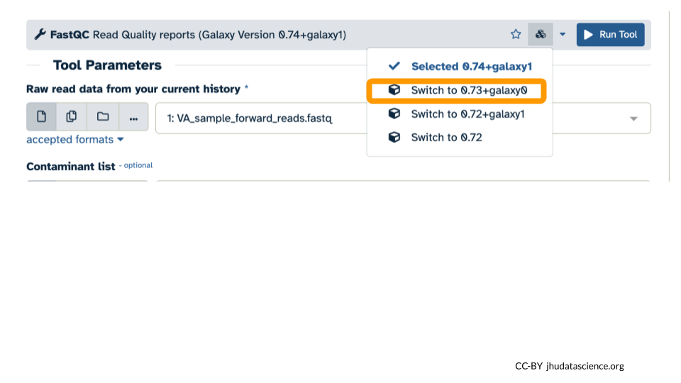 Screenshot of Galaxy on AnVIL highlighting which version of FastQC to switch to in the dropdown menu for tool versions.