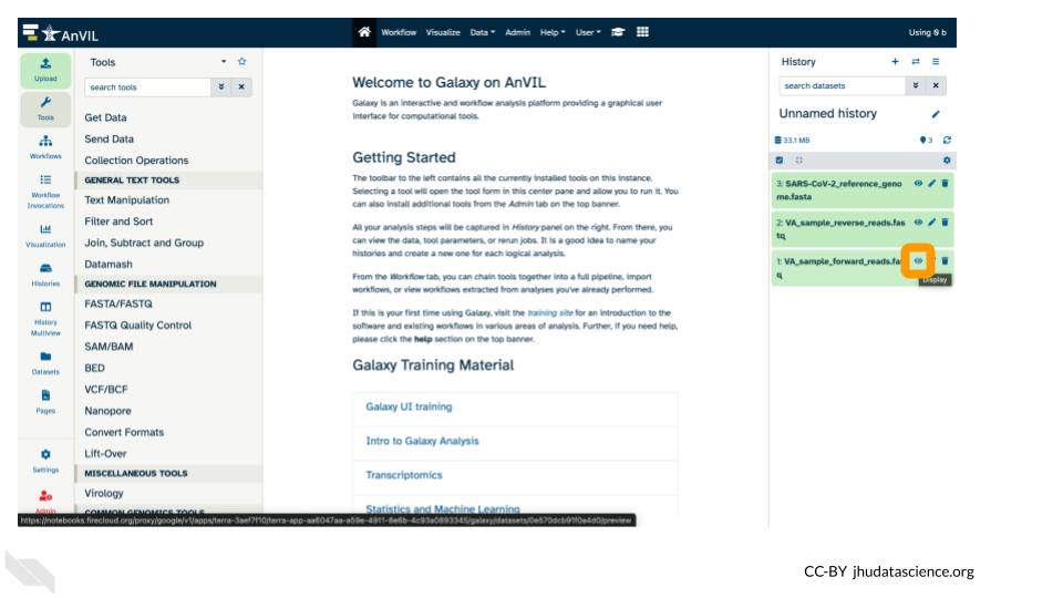 Screenshot of the Galaxy homepage. Highlighting the eye icon for the forward reads .fastq file.