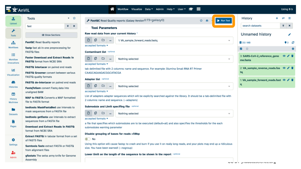 Screenshot of Galaxy on AnVIL highlighting the blue 'Run Tool' button in the top right corner of the middle pane.