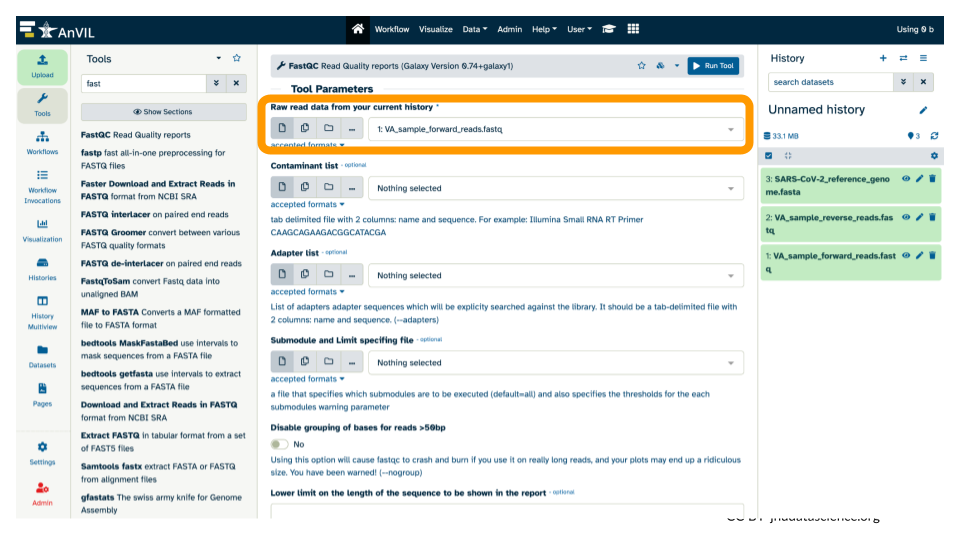 Screenshot of Galaxy on AnVIL highlighting the input for the tool, specifically selecting the forward reads fastq file for the 'Raw read data from your current history'
