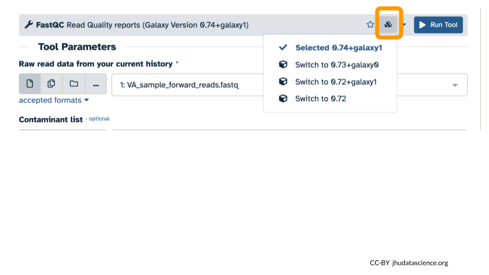 Screenshot of Galaxy on AnVIL highlighting the versions icon in the gray banner at the top of the middle pane