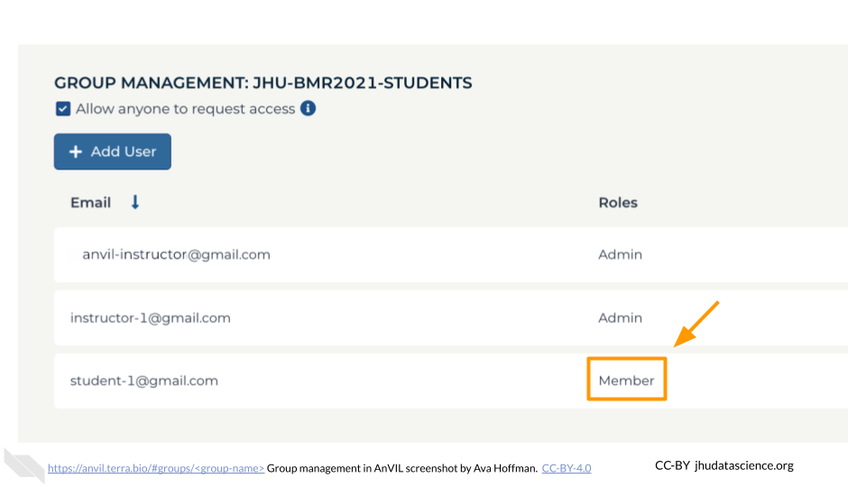 Screenshot of the Terra Group for the student Group that was just created, where the newly added student is visible in the user list. The student`s AnVIL ID, student-1@gmail.com is visible next to the role "Member", which is highlighted.