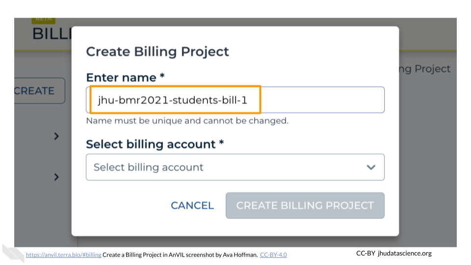 Screenshot of the Terra Billing page with Create Billing Project pop out box. The new billing project name, jhu-bmr2021-students-bill-1, is highlighted.