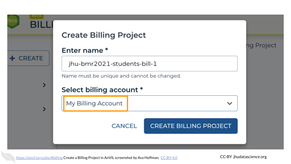 Screenshot of the Terra Billing page with Create Billing Project pop out box. The appropriate billing account name, My Billing Account, is highlighted.