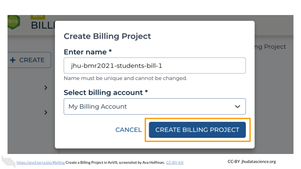 Screenshot of the Terra Billing page with Create Billing Project pop out box. The "CREATE BILLING PROJECT" button is highlighted.