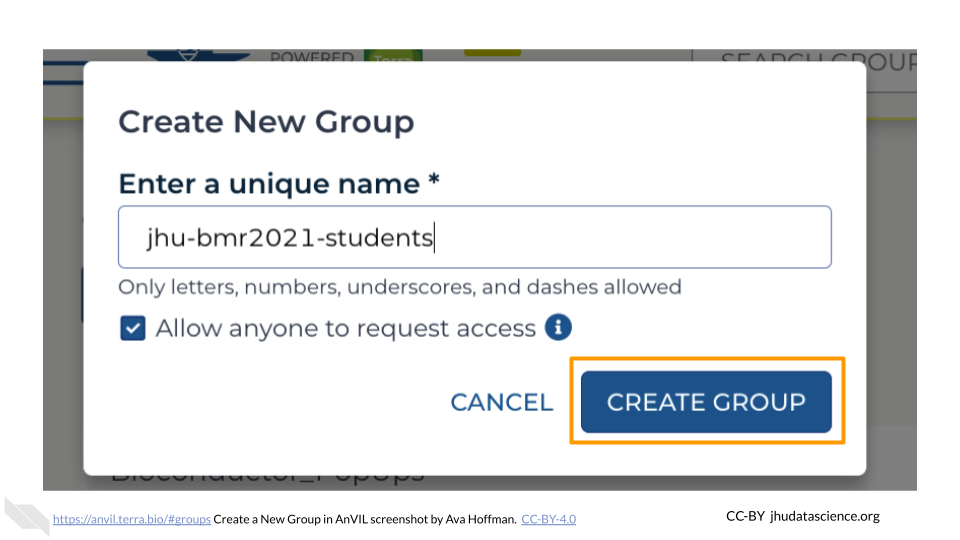 Screenshot of the Terra Group page with Create New Group pop out box. The Group name, jhu-bmr2021-students, has been entered and the "CREATE GROUP" button is highlighted.