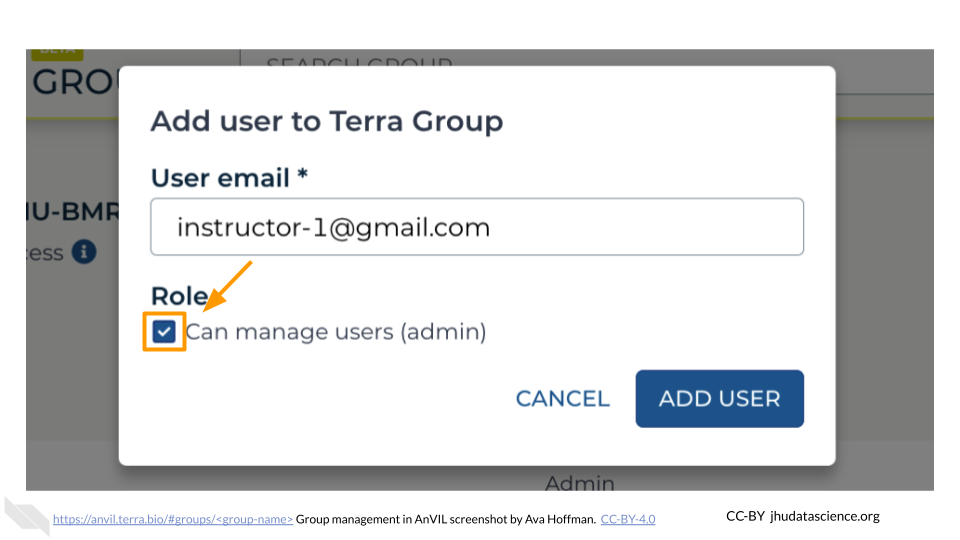 Screenshot of the Terra Group for the specific Group that was just created, with "Add user to Terra Group" pop out box. The instructor`s AnVIL ID, instructor-1@gmail.com, has been entered and the checkbox "Can manage users (admin)" has been selected and is highlighted.