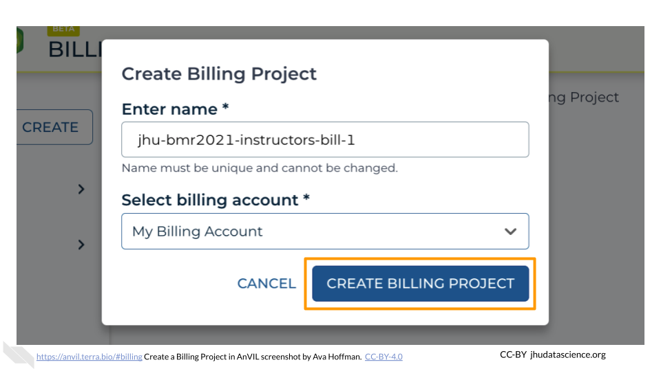 Screenshot of the Terra Billing page with Create Billing Project pop out box. The "CREATE BILLING PROJECT" button is highlighted.